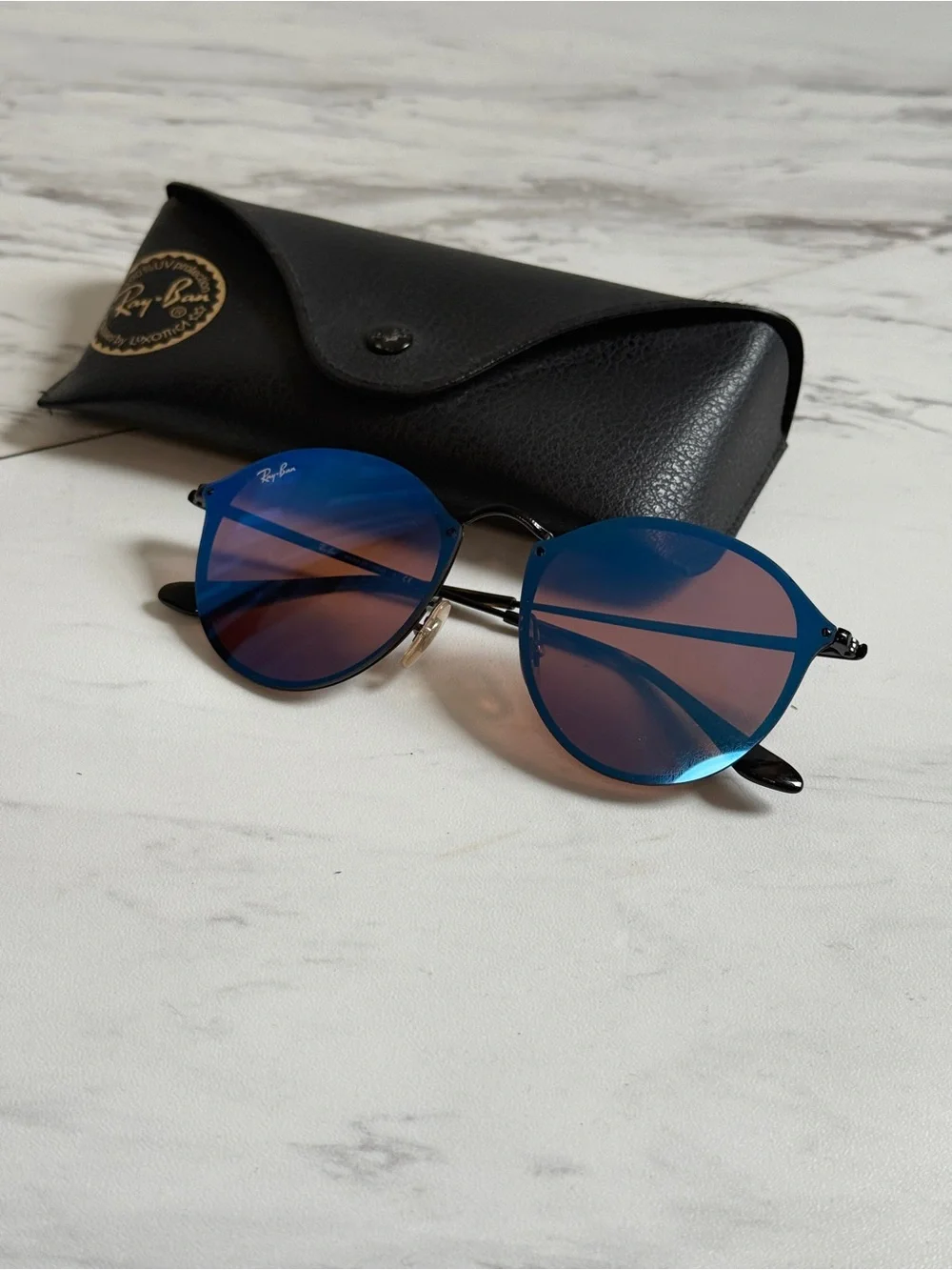 Ray-Ban Blaze Round Blue Mirror Shield Black Frame Sunglasses RB3574N